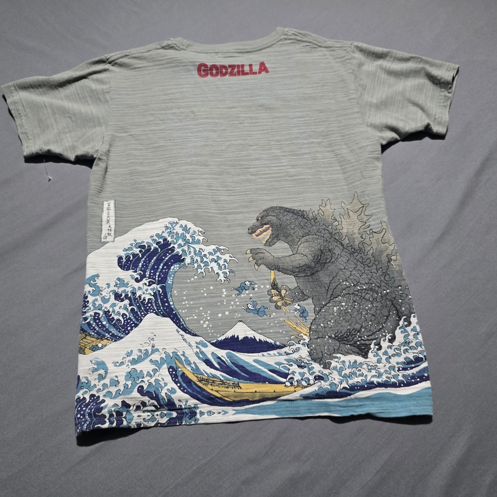 Godzilla Graphic T-Shirt Mens L Grey Great Wave Hokusai Slub Cotton GZ-UT-006